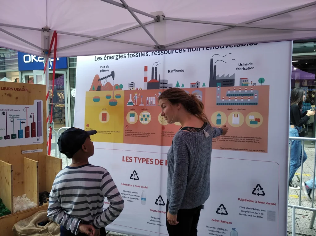 Animatrice événementielle qui explique un module pédagogique sur la réduction des déchets lors d’une animation durable sur un team building green.