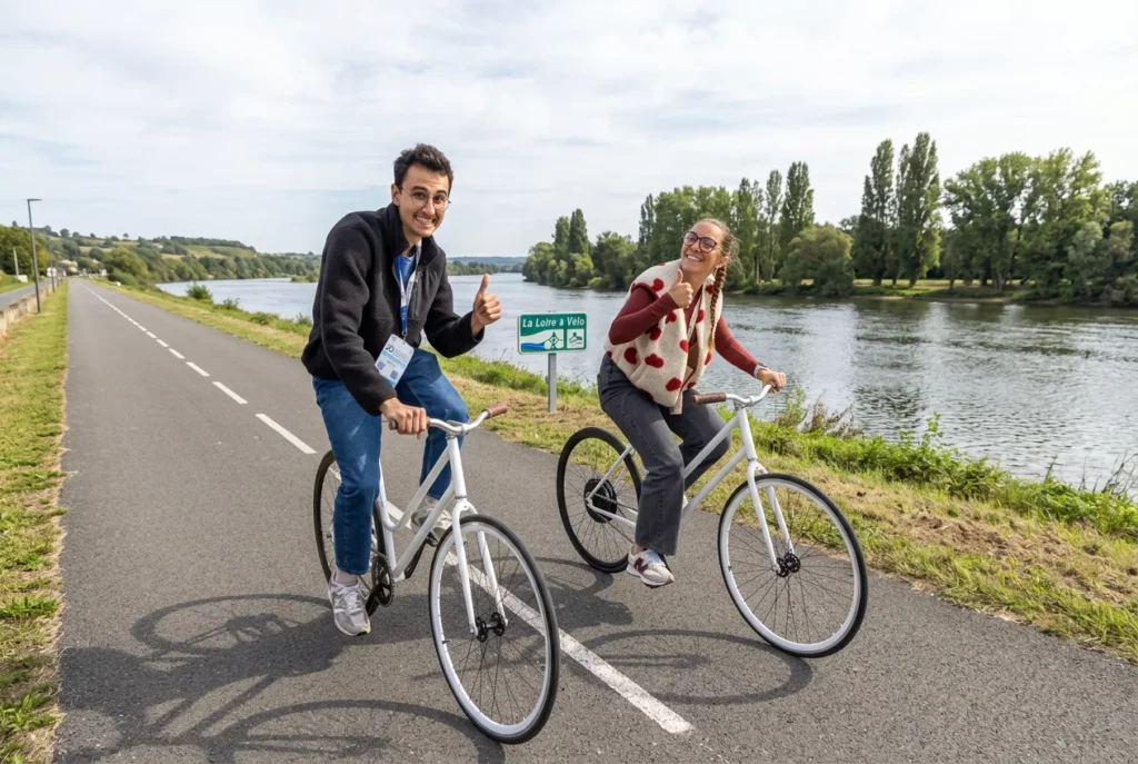 2 personnes sur des vélos générateurs sont mis en scène sur une piste cyclable gràce aux fonctions IA du photobooth interactif