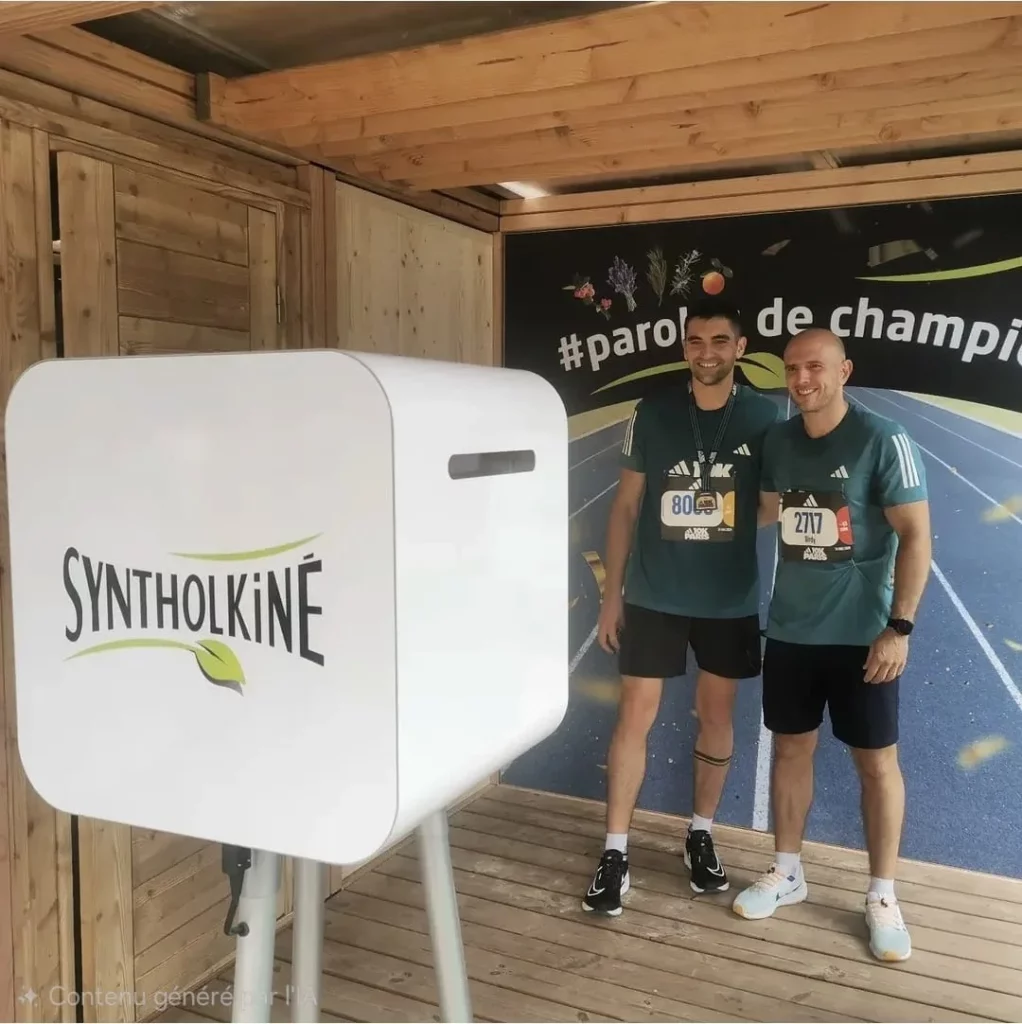2 personnes prennent la pose devant un photobooth interactif