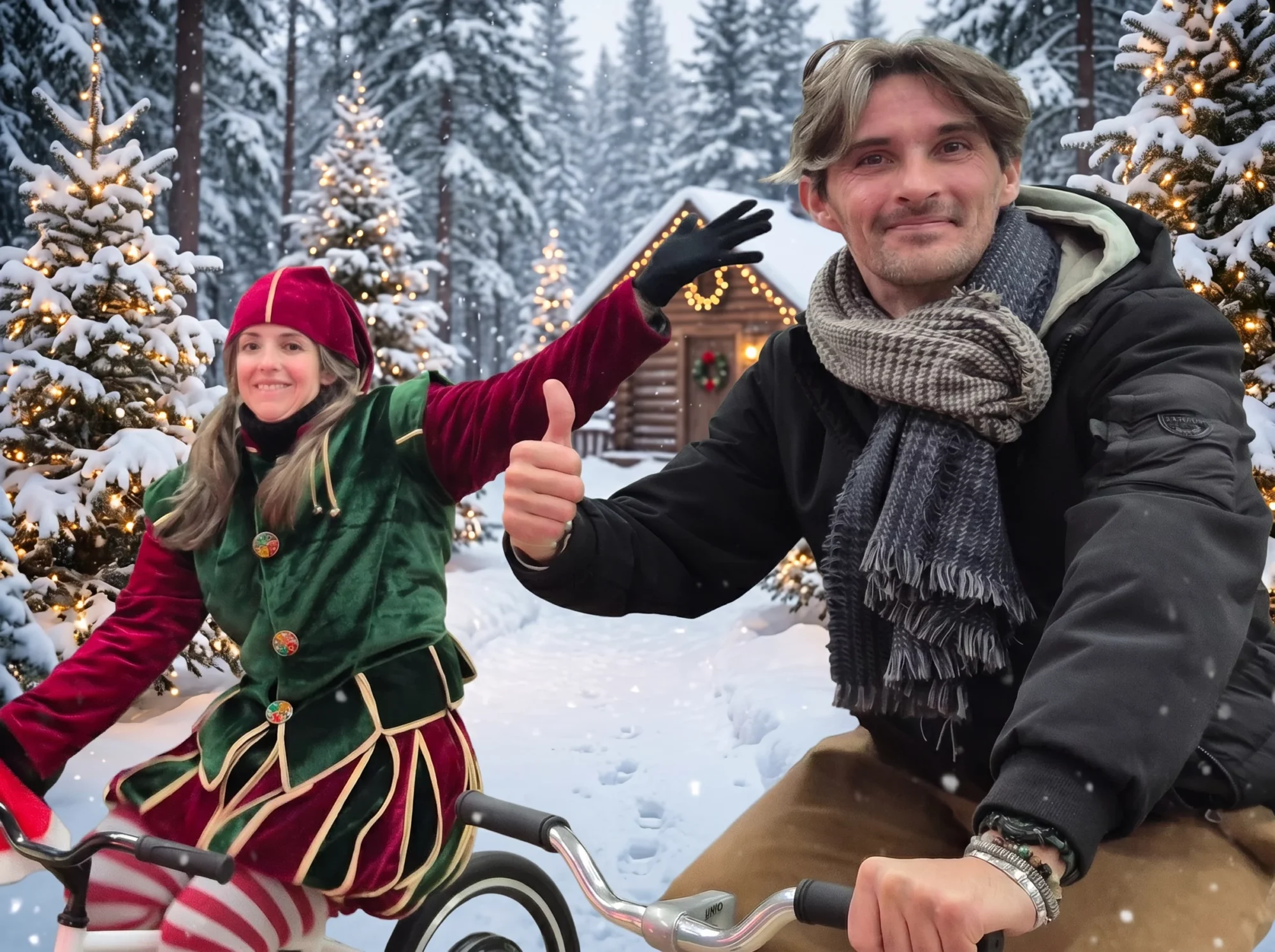 Salariés qui participent à l’animation de Noël de leur entreprise, sur des vélos et déguisés en Père Noël et en lutins