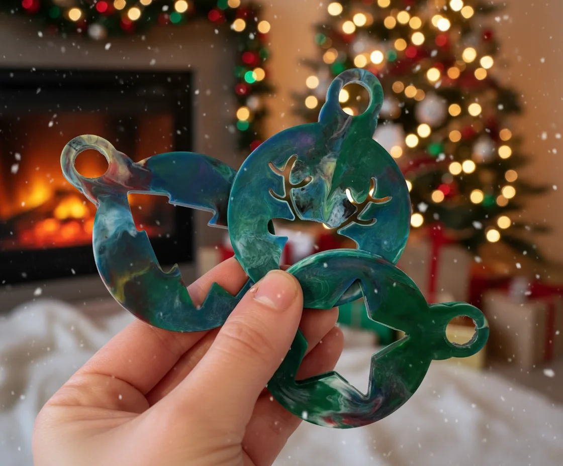 Décorations de Noël éco-responsables en plastique recyclé, créées à l’occasion d’une animation DIY sur le marché de Noël.